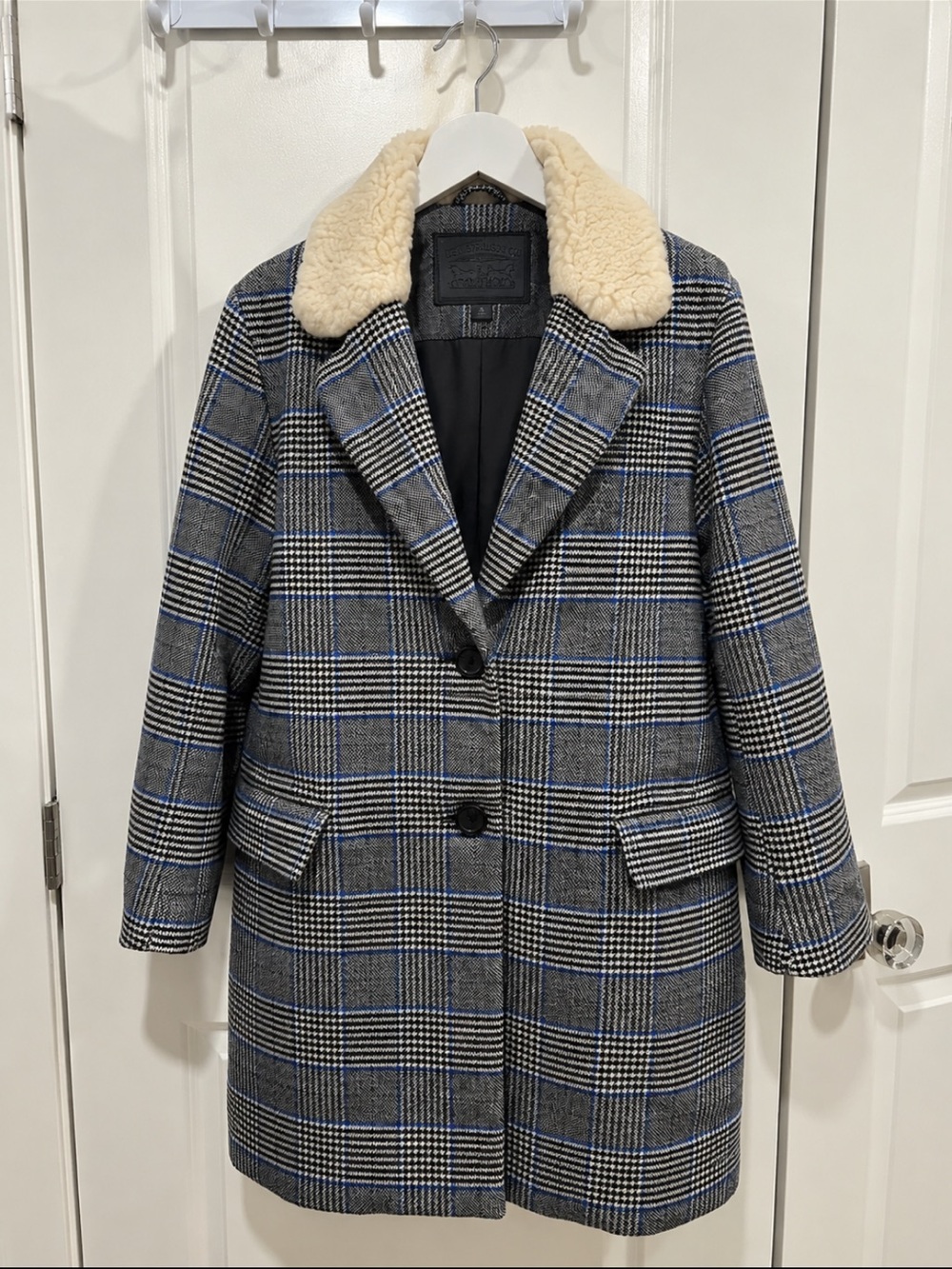 Levi’s Amaya S Gray Blue Plaid Wool Blend Sherpa Collar Pea Coat